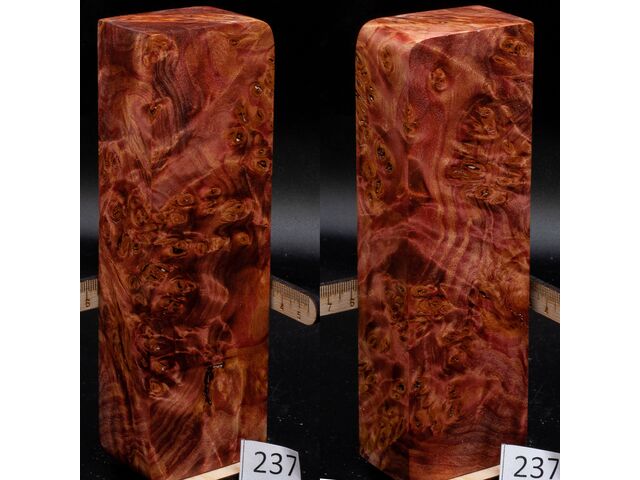 Брусок стабилизированной древесины кап ольхи, длинный в темно красном цвете (237), заготовка для творчества или рукояти ножа