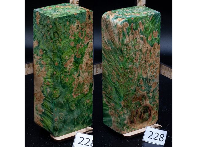 Брусок стабилизированной древесины кап клена в зеленом с альбиносными волокнами. (228), заготовка для творчества или рукояти ножа