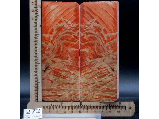 Брусок стабилизированной древесины прикорневой клен в оранжевом с интересным альбиносным рисунком., заготовка для творчества или рукояти ножа