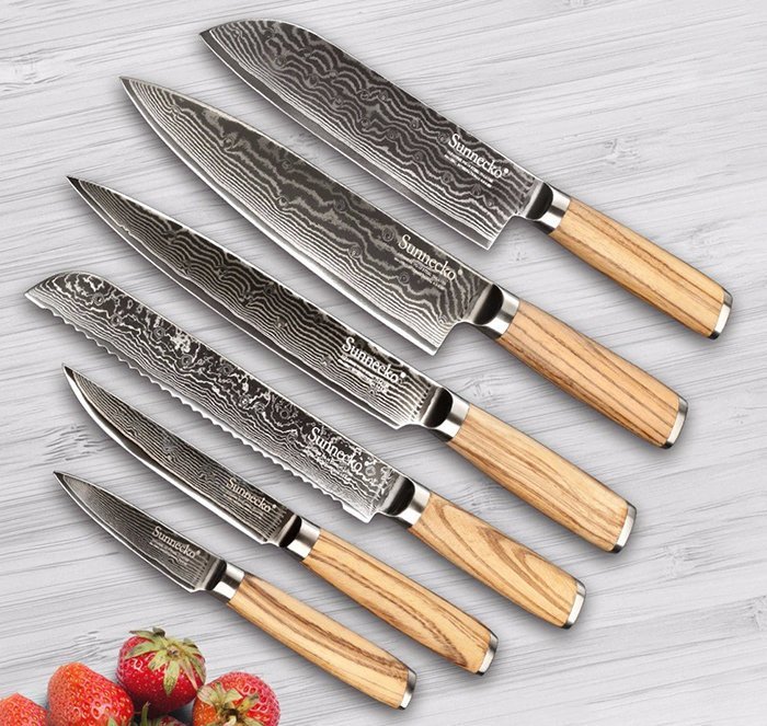 комплект кухонных ножей с рукоятями из древесины зебрано